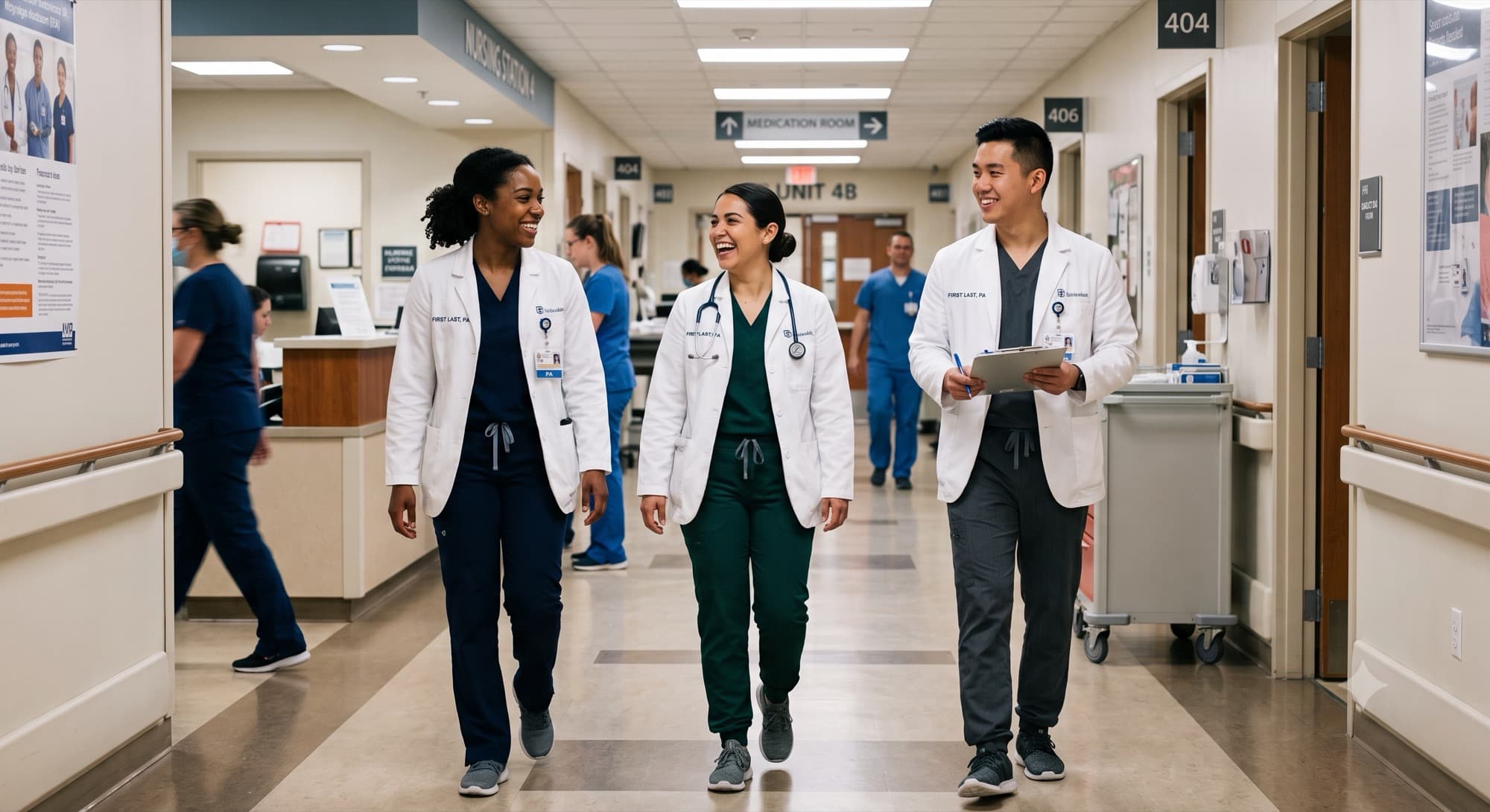 Three physician assistants in white coats walking a hospital unit together