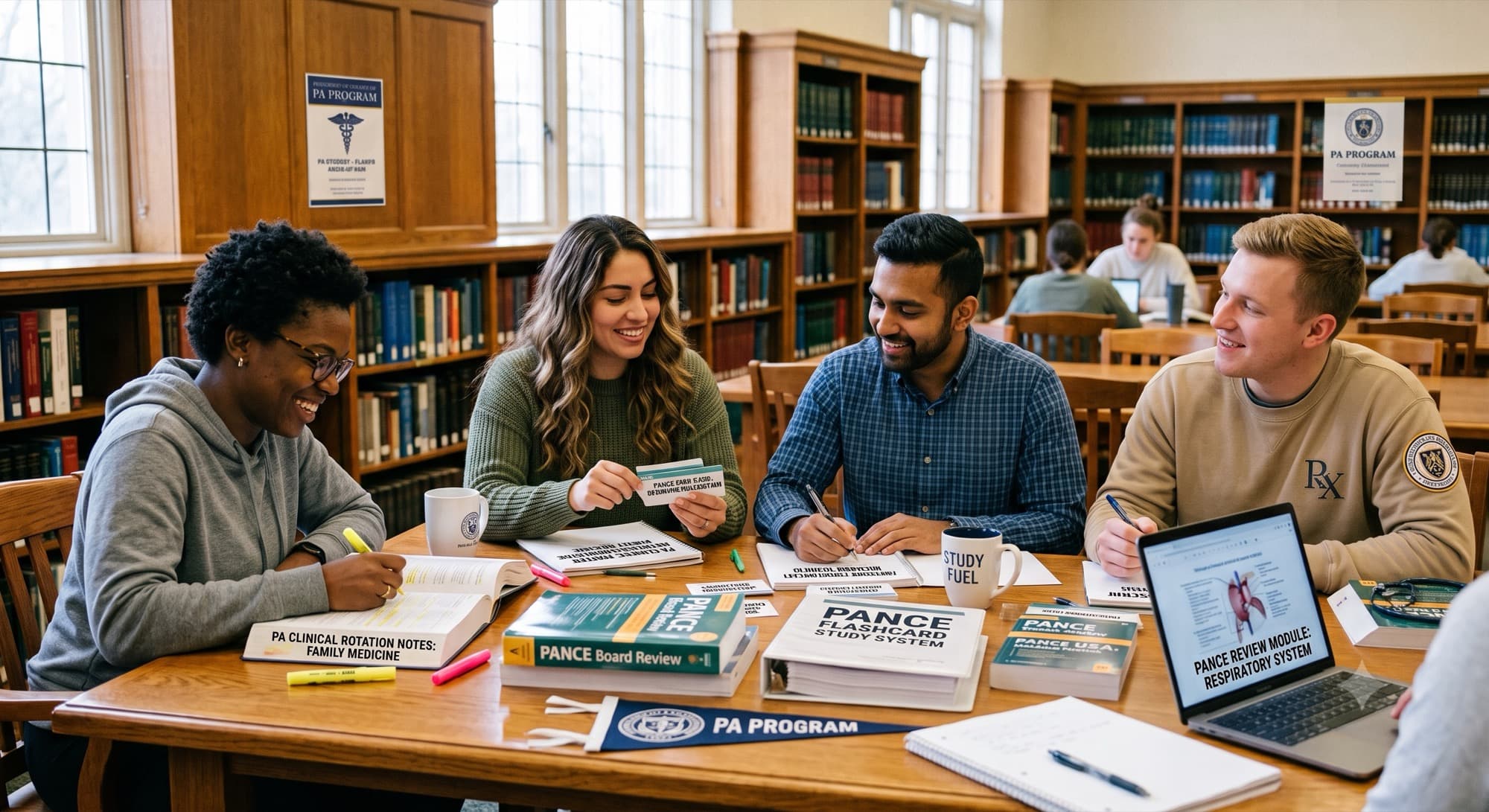 Physician assistant students working through PANCE practice questions and flashcards together at a library table
