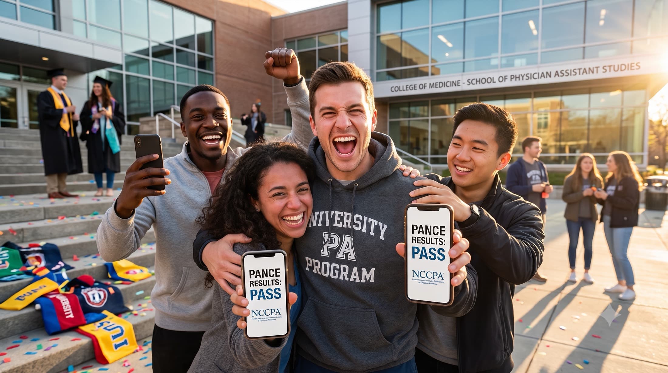 Physician assistant graduates celebrating outside their PA school, holding phones showing 'PANCE Results: Pass'